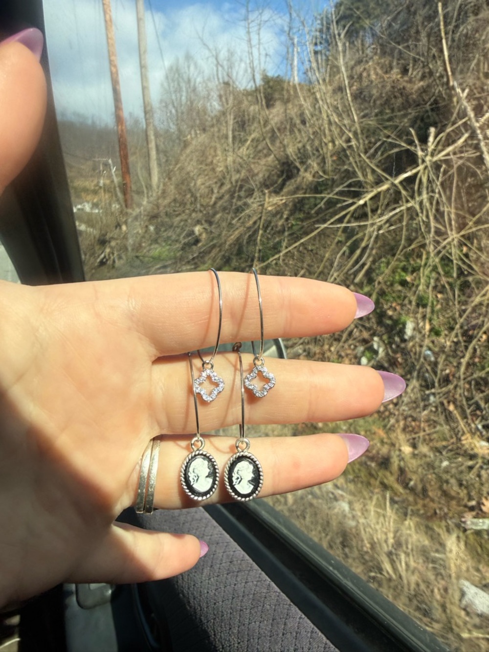 Homemade Silver Cameo Drop Earrings with Crystal Accents - Women Jewelry